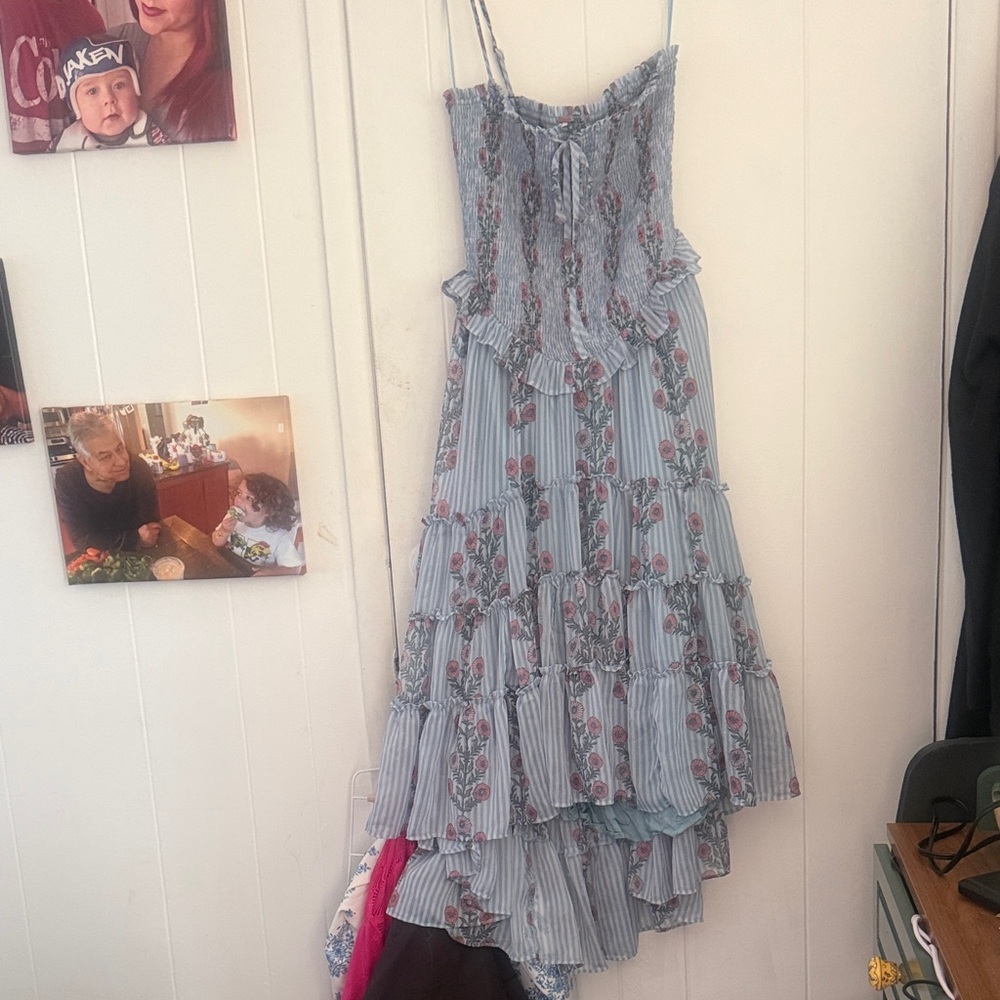 Free People Sky Blue Smocked Floral Midi Dress festival resort wear cover up